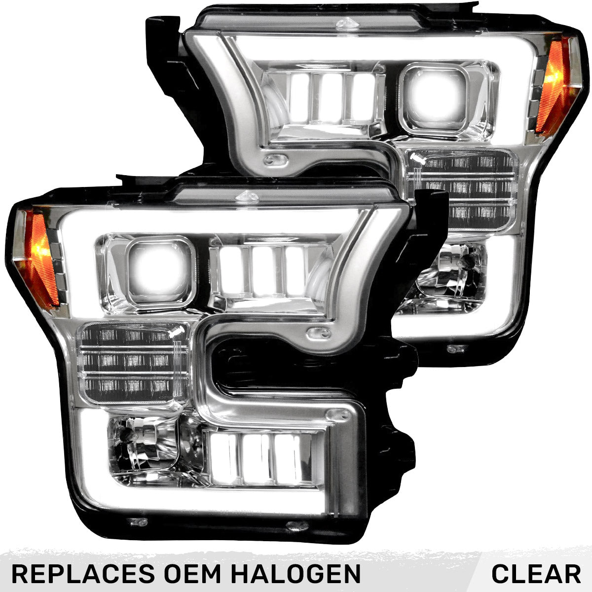 Ford F150 15-17 (Replaces OEM Halogen Style Head Lights Only) 6K LED PROJECTOR HEADLIGHTS w/ Ultra High Power Smooth OLED DRL & SCANNING SWITCHBACK High Power Amber LED Turn Signals - Clear / Chrome - Image 3