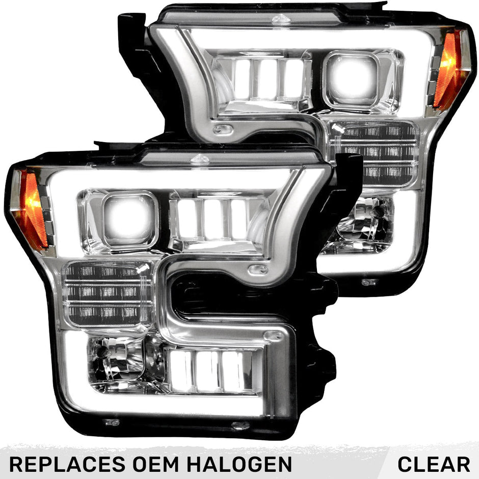 Ford F150 15-17 (Replaces OEM Halogen Style Head Lights Only) 6K LED PROJECTOR HEADLIGHTS w/ Ultra High Power Smooth OLED DRL & SCANNING SWITCHBACK High Power Amber LED Turn Signals - Clear / Chrome - Image 3