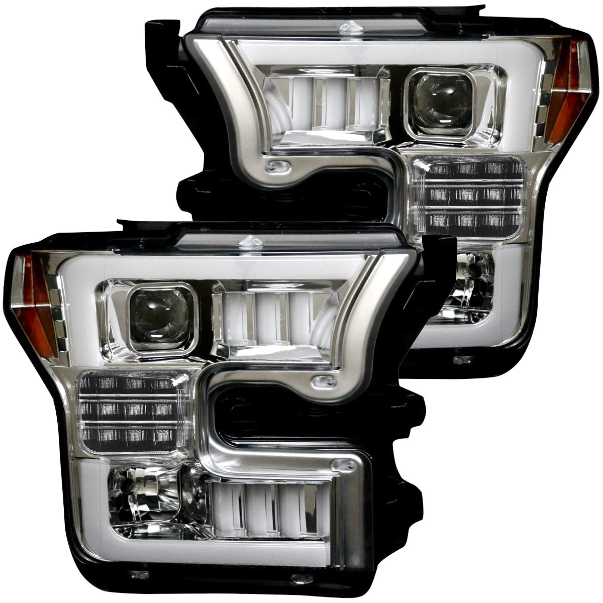Ford F150 15-17 (Replaces OEM Halogen Style Head Lights Only) 6K LED PROJECTOR HEADLIGHTS w/ Ultra High Power Smooth OLED DRL & SCANNING SWITCHBACK High Power Amber LED Turn Signals - Clear / Chrome