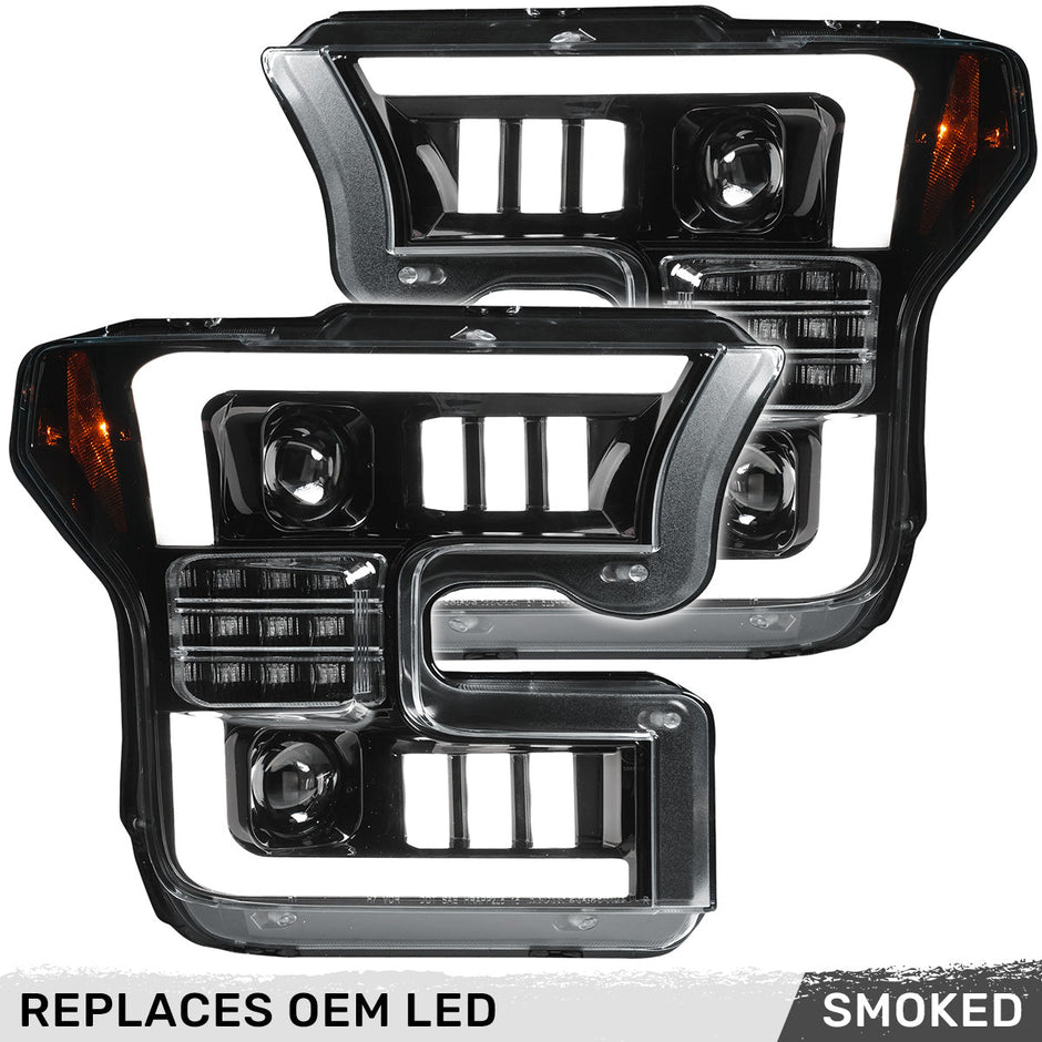 Ford F150 15-17 (Replaces OEM LED Style Head Lights Only) 6K LED PROJECTOR HEADLIGHTS w/ Ultra High Power Smooth OLED DRL & SCANNING SWITCHBACK High Power Amber LED Turn Signals - Smoked / Black - Image 3