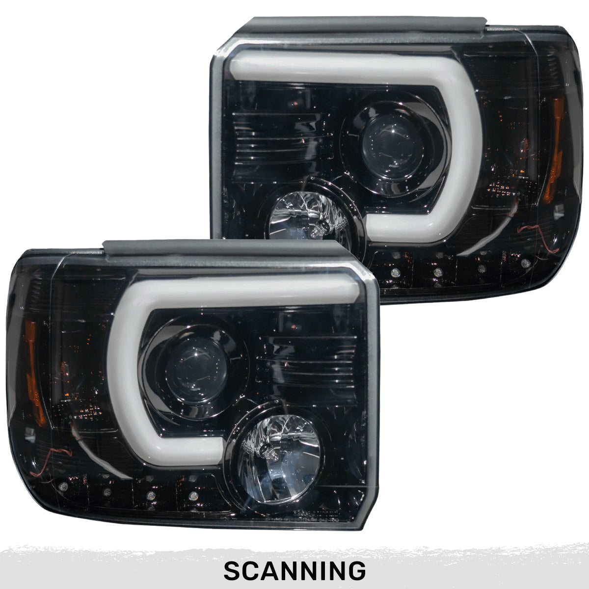 GMC Sierra 14-18 1500 (3rd GEN Body Style) & 14-19 2500/3500 PROJECTOR HEADLIGHTS w/ Ultra High Power Smooth White OLED DRL & SCANNING SWITCHBACK High Power Amber LED Turn Signals - Smoked / Black