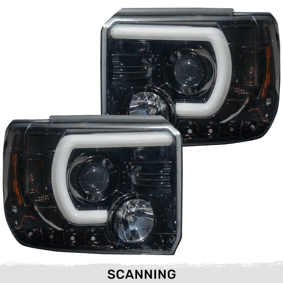 GMC Sierra 14-18 1500 (3rd GEN Body Style) & 14-19 2500/3500 PROJECTOR HEADLIGHTS w/ Ultra High Power Smooth White OLED DRL & SCANNING SWITCHBACK High Power Amber LED Turn Signals - Smoked / Black