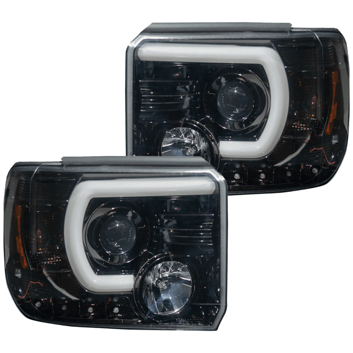 GMC Sierra 14-18 1500 (3rd GEN Body Style) & 14-19 2500/3500 PROJECTOR HEADLIGHTS w/ Ultra High Power Smooth White OLED DRL & SCANNING SWITCHBACK High Power Amber LED Turn Signals - Smoked / Black - Image 4