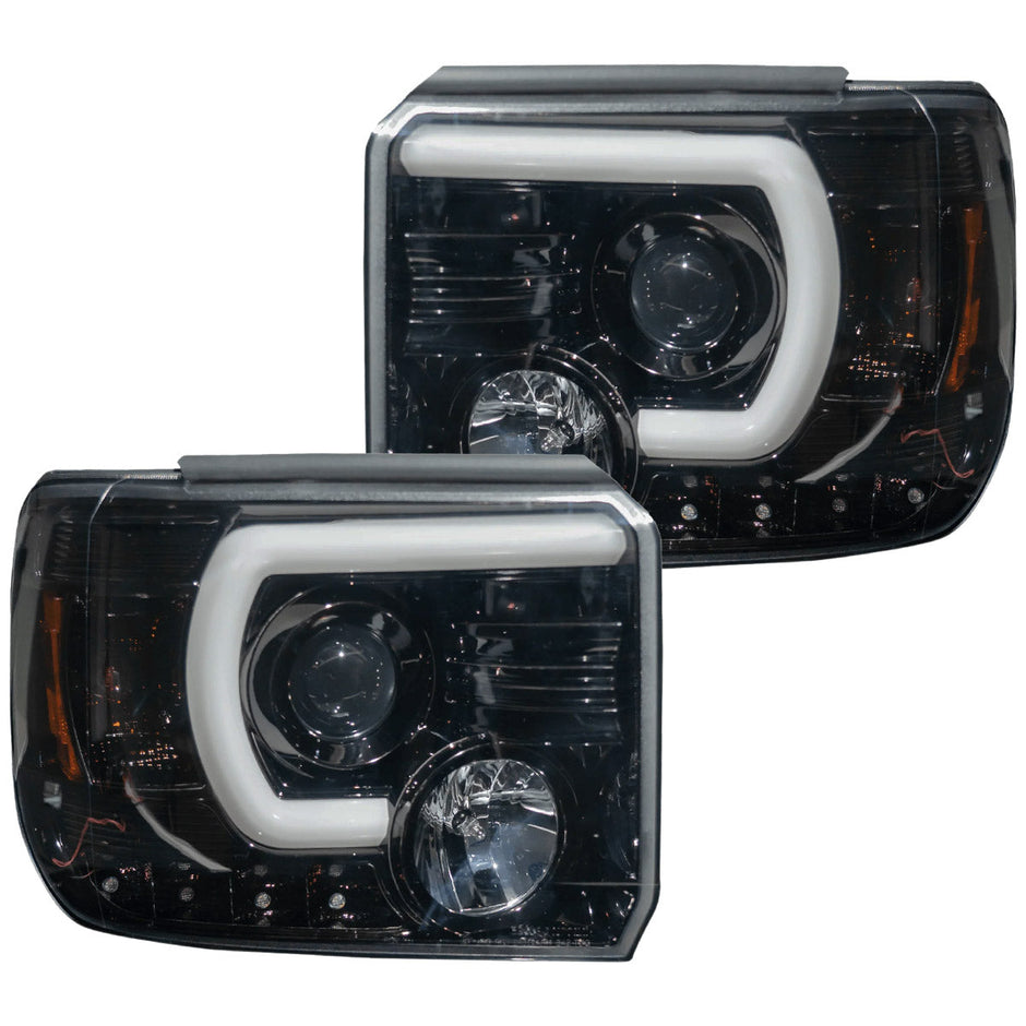 GMC Sierra 14-18 1500 (3rd GEN Body Style) & 14-19 2500/3500 PROJECTOR HEADLIGHTS w/ Ultra High Power Smooth White OLED DRL & SCANNING SWITCHBACK High Power Amber LED Turn Signals - Smoked / Black - Image 4