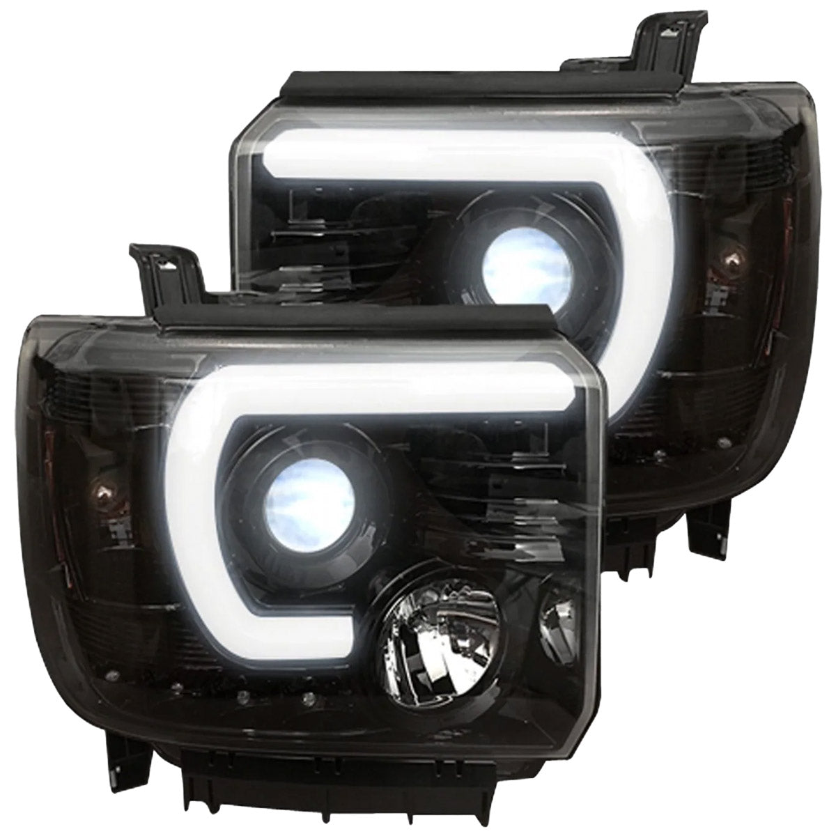 GMC Sierra 14-18 1500 (3rd GEN Body Style) & 14-19 2500/3500 PROJECTOR HEADLIGHTS w/ Ultra High Power Smooth White OLED DRL & SCANNING SWITCHBACK High Power Amber LED Turn Signals - Smoked / Black - Image 3