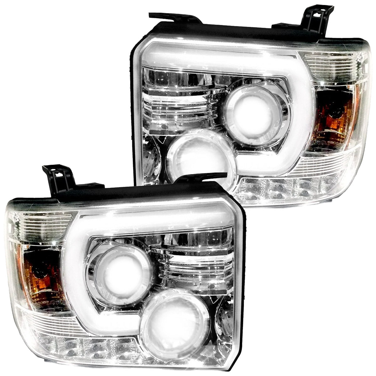 GMC Sierra 14-18 1500 (3rd GEN Body Style) & 14-19 2500/3500 PROJECTOR HEADLIGHTS w/ SMOOTH OLED HALOS & DRL - Clear / Chrome - Image 2