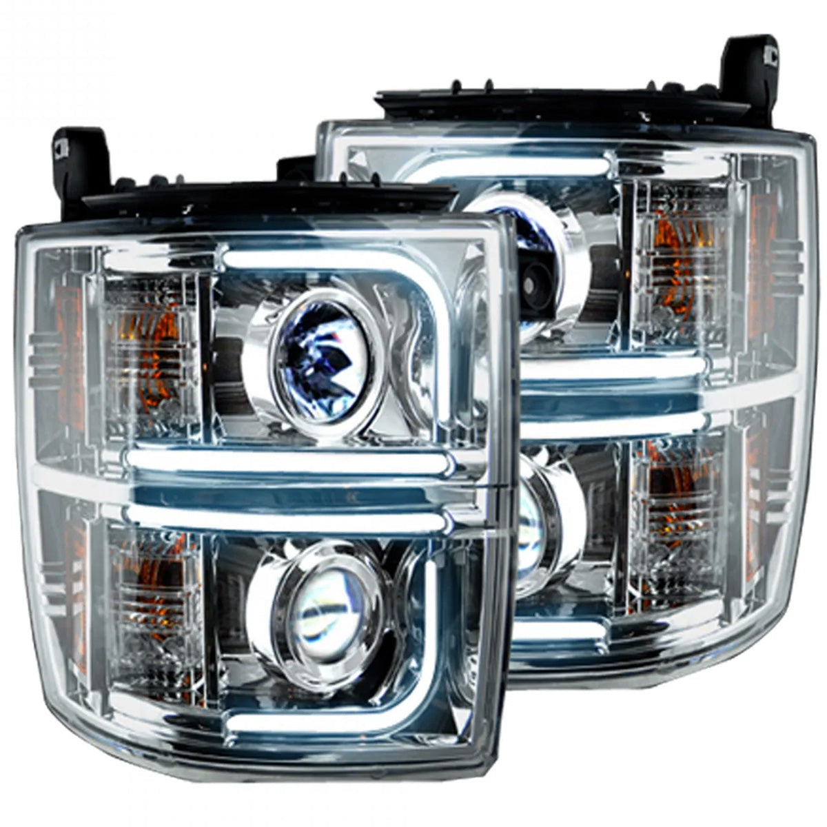 Chevrolet Silverado 2500/3500 Heavy Duty 14-19 (3rd GEN Body Style) PROJECTOR HEADLIGHTS w/ Ultra High Power Smooth OLED HALOS & DRL - Clear / Chrome - Image 3