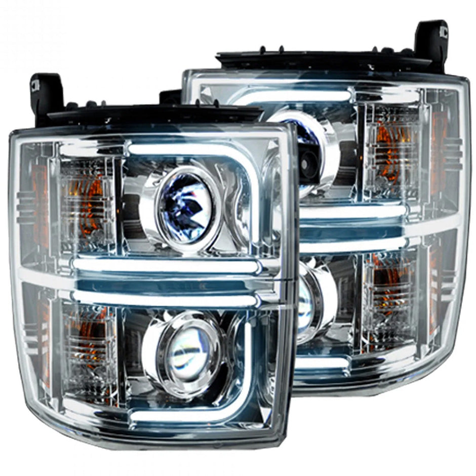 Chevrolet Silverado 2500/3500 Heavy Duty 14-19 (3rd GEN Body Style) PROJECTOR HEADLIGHTS w/ Ultra High Power Smooth OLED HALOS & DRL - Clear / Chrome - Image 3