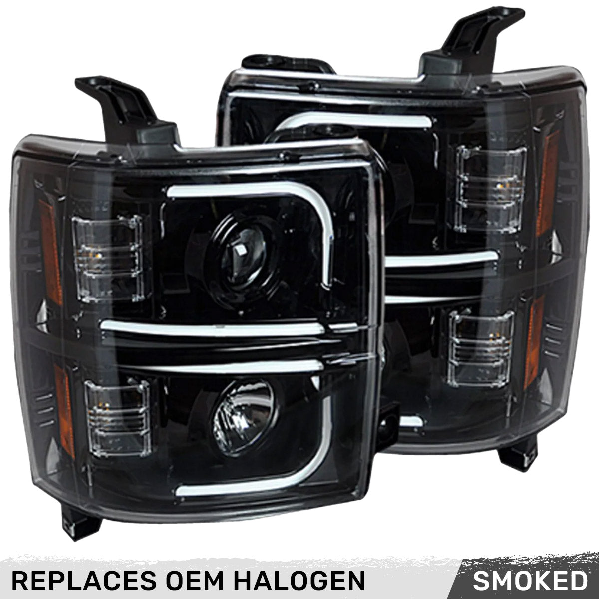 Chevrolet Silverado 2500/3500 Heavy Duty 14-19 (3rd GEN Body Style) PROJECTOR HEADLIGHTS w/ Ultra High Power Smooth OLED HALOS & DRL - Smoked / Black - Image 4
