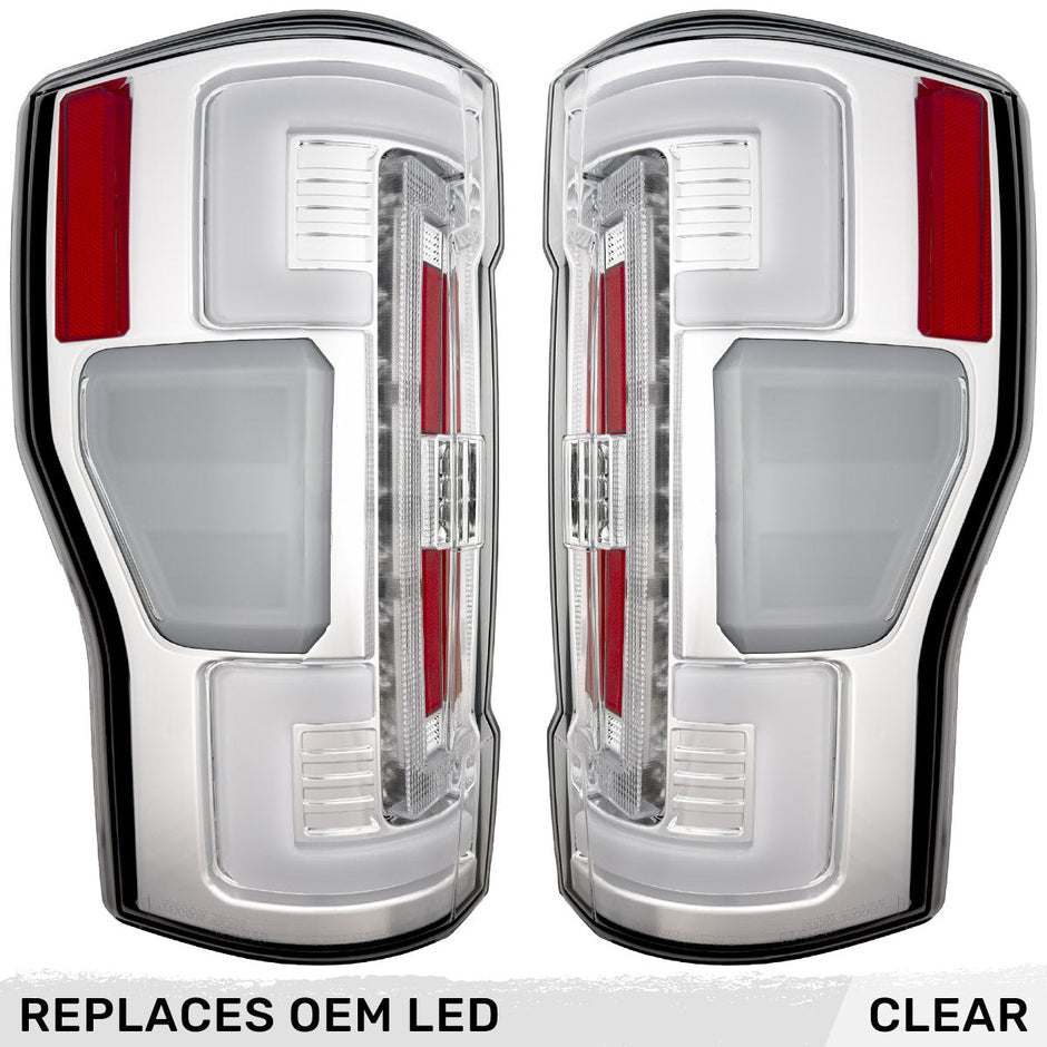 Ford Superduty F250/350/450/550 17-19 (Replaces OEM LED Style Tail Lights with BLIS Blind Spot Warning System) OLED TAIL LIGHTS - Clear Lens