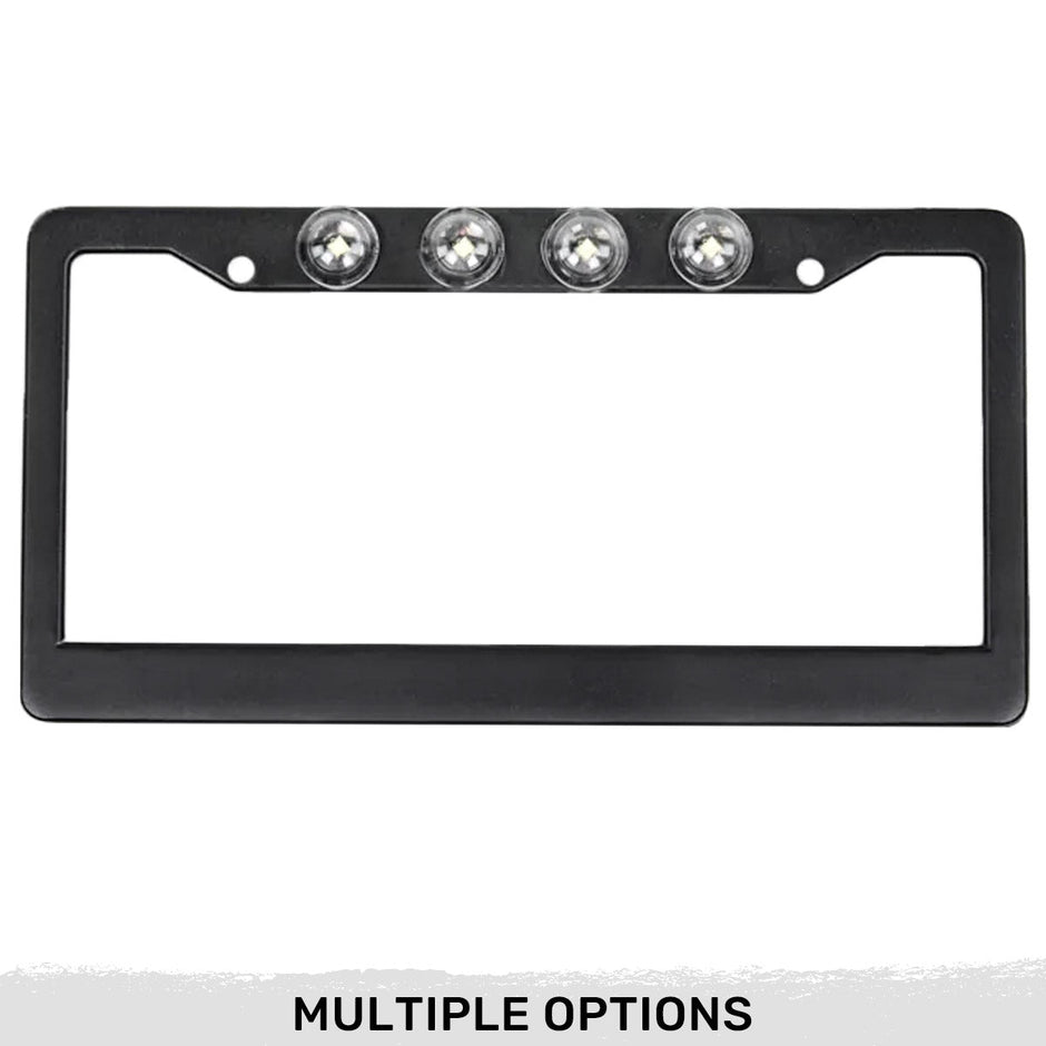 Black Aluminum License Plate Frame with Four 6000K XML CREE LED Reverse Lights - Fits all Standard U.S. License Plates