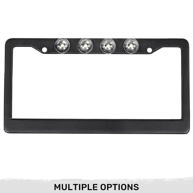 Black Aluminum License Plate Frame with Four 6000K XML CREE LED Reverse Lights - Fits all Standard U.S. License Plates