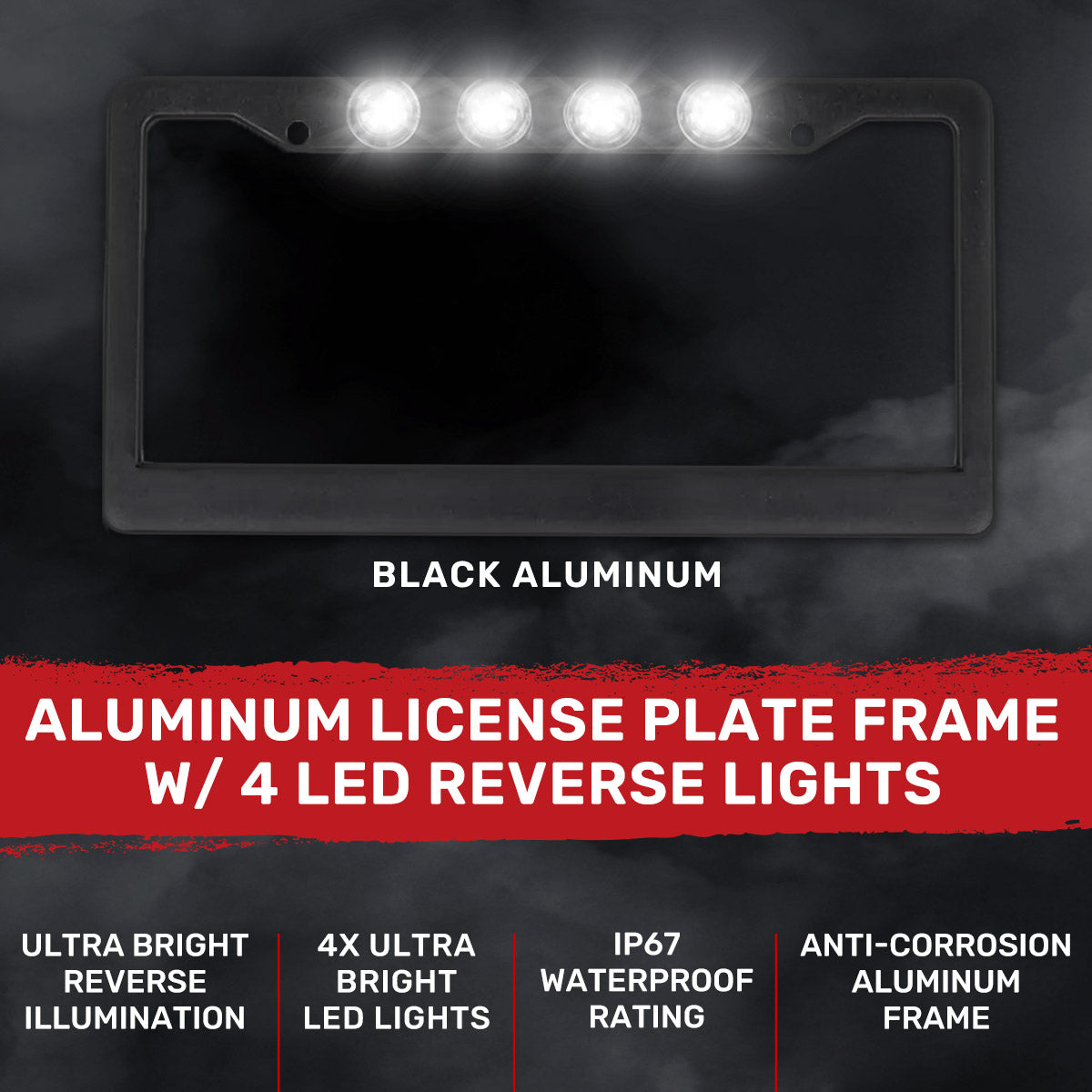 Black Aluminum License Plate Frame with Four 6000K XML CREE LED Reverse Lights - Fits all Standard U.S. License Plates - Image 2