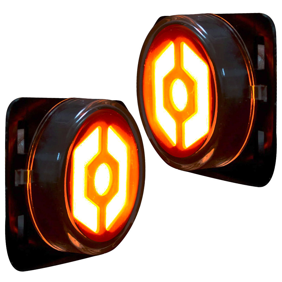 Jeep 07-18 JK Wrangler Round Front Fender Lenses with Amber Hexagon-Shaped OLED Design Located on Front Side Fender - Clear Lens