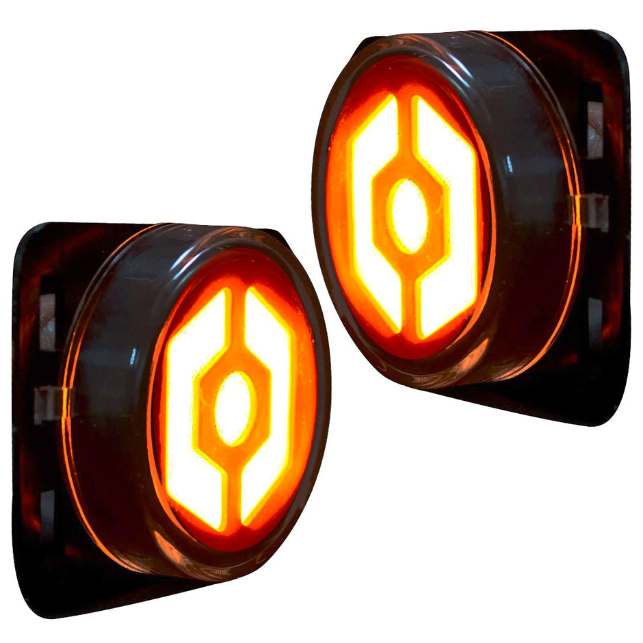 Jeep 07-18 JK Wrangler Round Front Fender Lenses with Amber Hexagon-Shaped OLED Design Located on Front Side Fender - Clear Lens