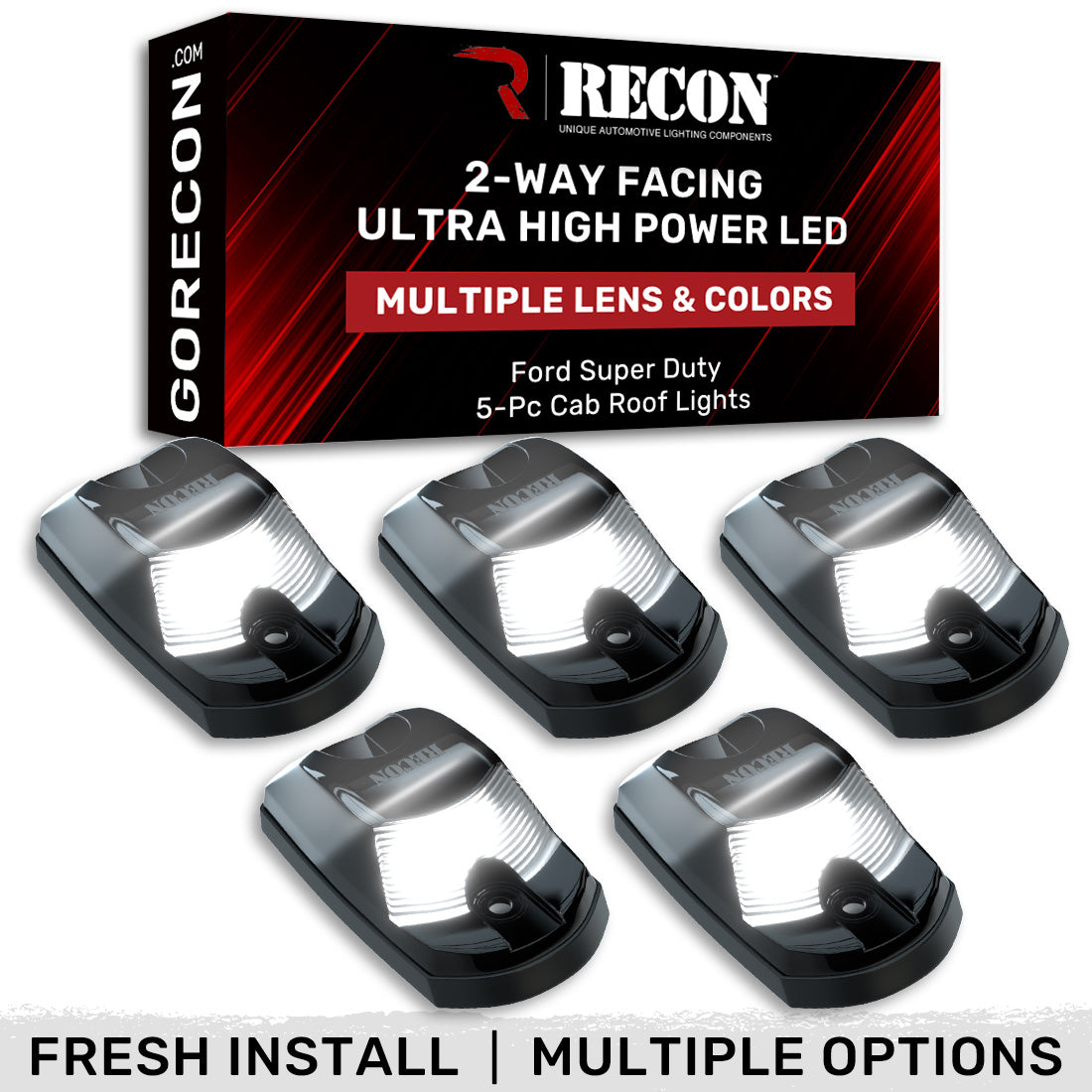 Ford 17-25 Superduty (5-Piece Set) Smoked Cab Roof Light Lens with 2-Way Forward & Rear Facing White ULTRA High-Power LEDs - ATTN: This cab light set is for a fresh install on a truck that DID NOT come with OEM cab roof lights (No Square Hole Required - Only 2 Small Screw Holes & a 1/4