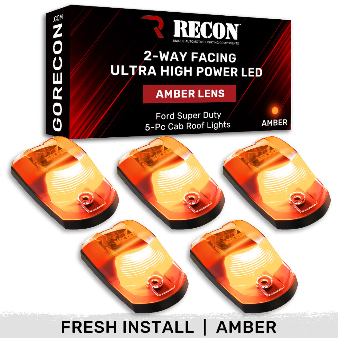 Ford 17-25 Superduty (5-Piece Set) Amber Cab Roof Light Lens with 2-Way Forward & Rear Facing Amber ULTRA High-Power LEDs - ATTN: This cab light set is for a fresh install on a truck that DID NOT come with OEM cab roof lights (No Square Hole Required - Only 2 Small Screw Holes & a 1/4