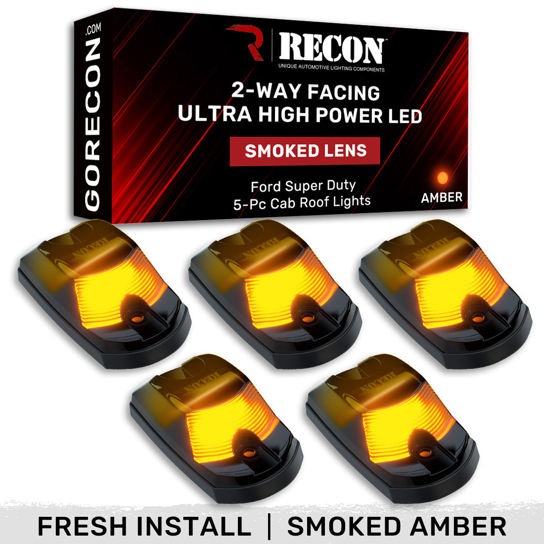 Ford 17-25 Superduty (5-Piece Set) Smoked Cab Roof Light Lens with 2-Way Forward & Rear Facing Amber ULTRA High-Power LEDs - ATTN: This cab light set is for a fresh install on a truck that DID NOT come with OEM cab roof lights (No Square Hole Required - Only 2 Small Screw Holes & a 1/4