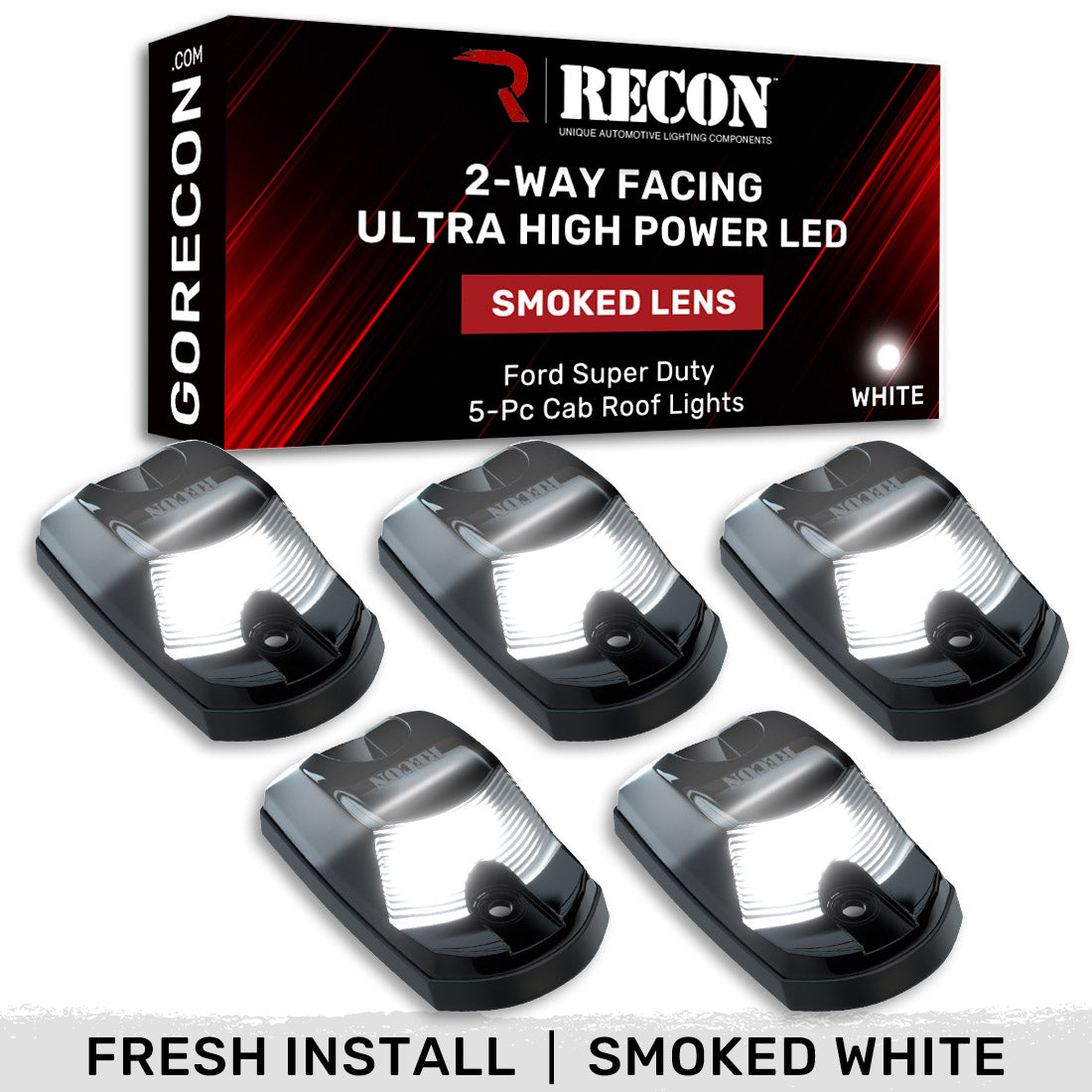 Ford 17-25 Superduty (5-Piece Set) Smoked Cab Roof Light Lens with 2-Way Forward & Rear Facing White ULTRA High-Power LEDs - ATTN: This cab light set is for a fresh install on a truck that DID NOT come with OEM cab roof lights (No Square Hole Required - Only 2 Small Screw Holes & a 1/4