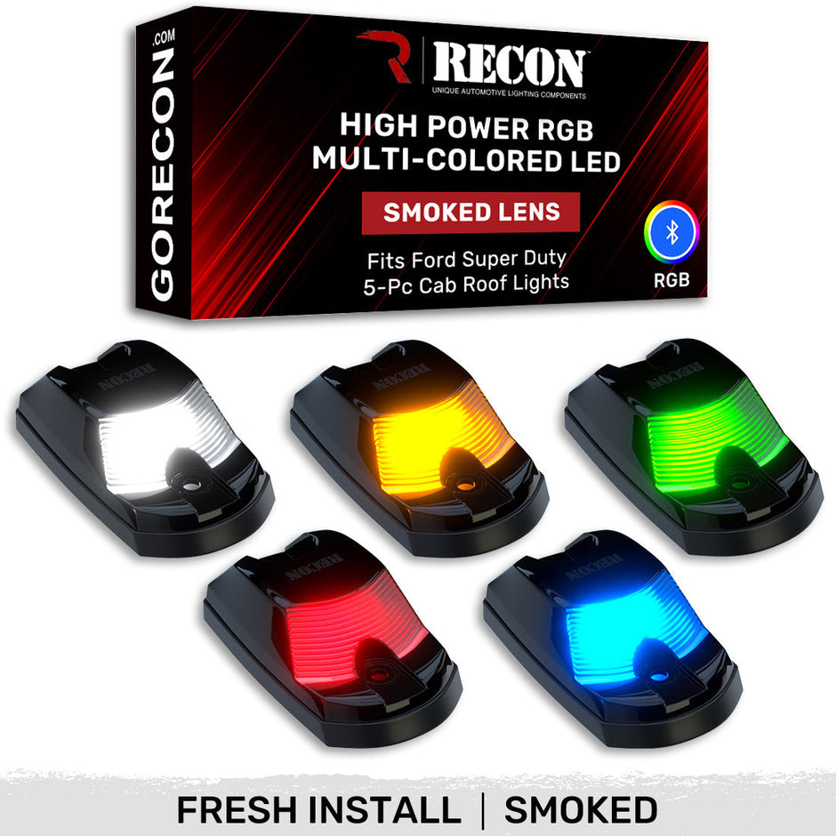 Ford 17-25 Superduty (5-Piece Set) Smoked Cab Roof Light Lens with RGB (Multi-Colored) High-Power LED's - ATTN: Cab Lights are User Controlled by Bluetooth Using App Thru Mobile Phone / Tablet - ATTN: This cab light set is for a fresh install on a truck that DID NOT come with OEM cab roof lights (No Square Hole Required - Only 2 Small Screw Holes & a 1/4