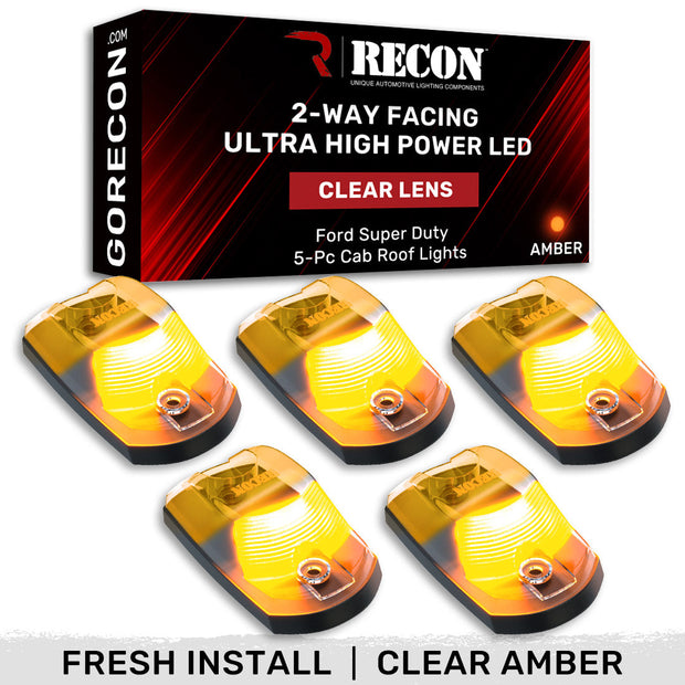 Ford 17-25 Superduty (5-Piece Set) Clear Cab Roof Light Lens with 2-Way Forward & Rear Facing Amber ULTRA High-Power LEDs - ATTN: This cab light set is for a fresh install on a truck that DID NOT come with OEM cab roof lights (No Square Hole Required - Only 2 Small Screw Holes & a 1/4" Round Hole for Wire) - Kit Comes Complete with Screws & Wiring Harness