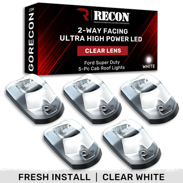 Ford 17-25 Superduty (5-Piece Set) Clear Cab Roof Light Lens with 2-Way Forward & Rear Facing White ULTRA High-Power LEDs - ATTN: This cab light set is for a fresh install on a truck that DID NOT come with OEM cab roof lights (No Square Hole Required - Only 2 Small Screw Holes & a 1/4" Round Hole for Wire) - Kit Comes Complete with Screws & Wiring Harness - Image 2
