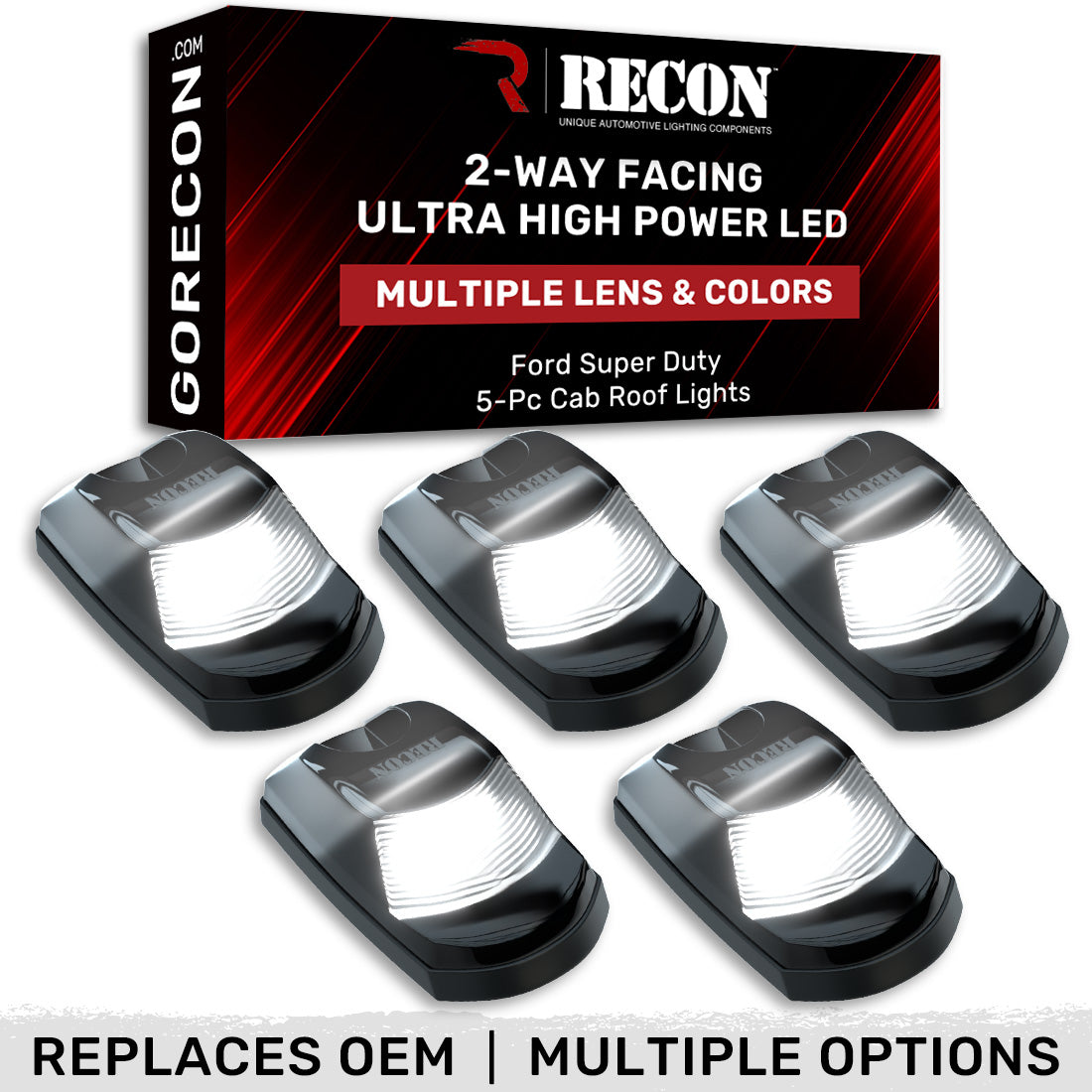 Ford 17-22 Superduty (5-Piece Set) Smoked Cab Roof Light Lens with 2-Way Forward & Rear Facing White ULTRA High-Power LEDs - ATTN: (Plug-N-Play Replacement for OEM Factory Installed Cab Roof Lights)