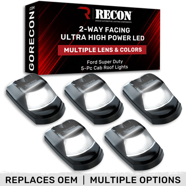 Ford 17-22 Superduty (5-Piece Set) Smoked Cab Roof Light Lens with 2-Way Forward & Rear Facing White ULTRA High-Power LEDs - ATTN: (Plug-N-Play Replacement for OEM Factory Installed Cab Roof Lights)