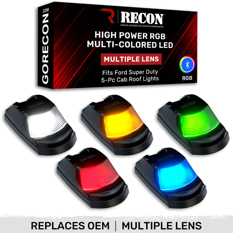 Ford 17-22 Superduty (5-Piece Set) Smoked Cab Roof Light Lens with RGB (Multi-Colored) High-Power LED's - Complete Kit With Wiring & Hardware - ATTN: Cab Lights are User Controlled by Bluetooth Using App Thru Mobile Phone / Tablet - MULTI-COLORED