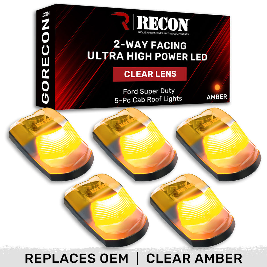 Ford 17-22 Superduty (5-Piece Set) Clear Cab Roof Light Lens with 2-Way Forward & Rear Facing Amber ULTRA High-Power LEDs - ATTN: (Plug-N-Play Replacement for OEM Factory Installed Cab Roof Lights)