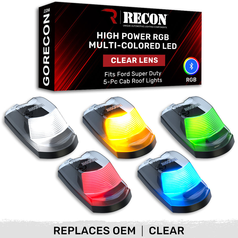 Ford 17-22 Superduty (5-Piece Set) Clear Cab Roof Light Lens with RGB (Multi-Colored) High-Power LED's - Complete Kit With Wiring & Hardware - ATTN: Cab Lights are User Controlled by Bluetooth Using App Thru Mobile Phone / Tablet - MULTI-COLORED - Image 5