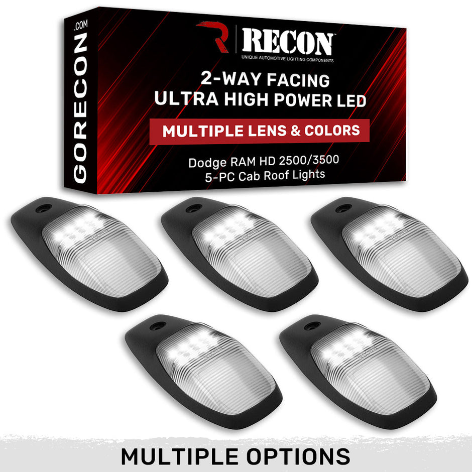 Dodge 19-23 RAM Heavy-Duty 2500 & 3500 (5-Piece Set) Smoked Cab Roof Light Lens with 2-Way Forward & Rear Facing White ULTRA High-Power LEDs - ATTN: This cab light set is for a fresh install on a truck that DID NOT come with OEM cab roof lights (No Square Hole Required - Only 2 Small Screw Holes & a 1/4" Round Hole for Wire) - Kit Comes Complete with Screws & Wiring Harness