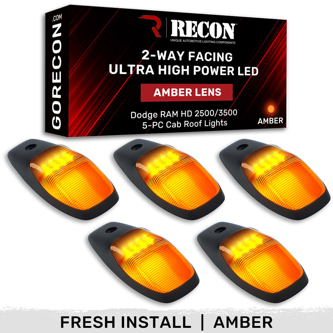 Dodge 19-23 RAM Heavy-Duty 2500 & 3500 (5-Piece Set) Amber Cab Roof Light Lens with 2-Way Forward & Rear Facing Amber ULTRA High-Power LEDs - ATTN: This cab light set is for a fresh install on a truck that DID NOT come with OEM cab roof lights (No Square Hole Required - Only 2 Small Screw Holes & a 1/4
