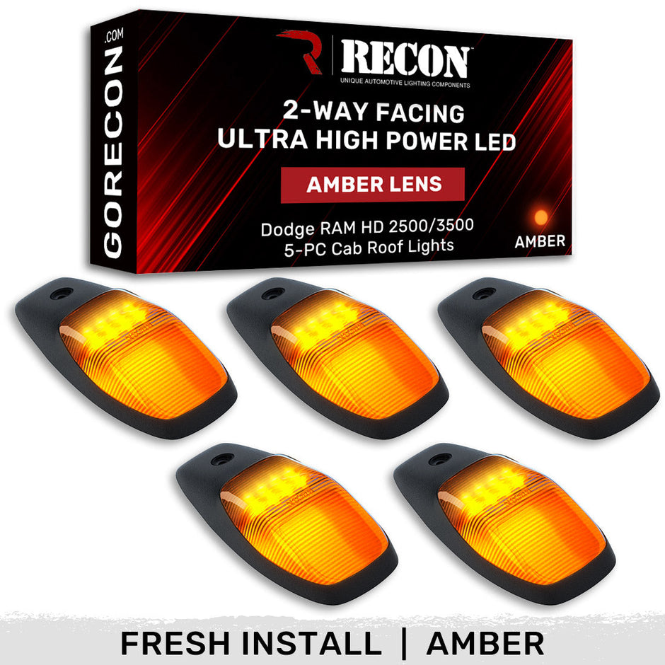 Dodge 19-23 RAM Heavy-Duty 2500 & 3500 (5-Piece Set) Amber Cab Roof Light Lens with 2-Way Forward & Rear Facing Amber ULTRA High-Power LEDs - ATTN: This cab light set is for a fresh install on a truck that DID NOT come with OEM cab roof lights (No Square Hole Required - Only 2 Small Screw Holes & a 1/4" Round Hole for Wire) - Kit Comes Complete with Screws & Wiring Harness
