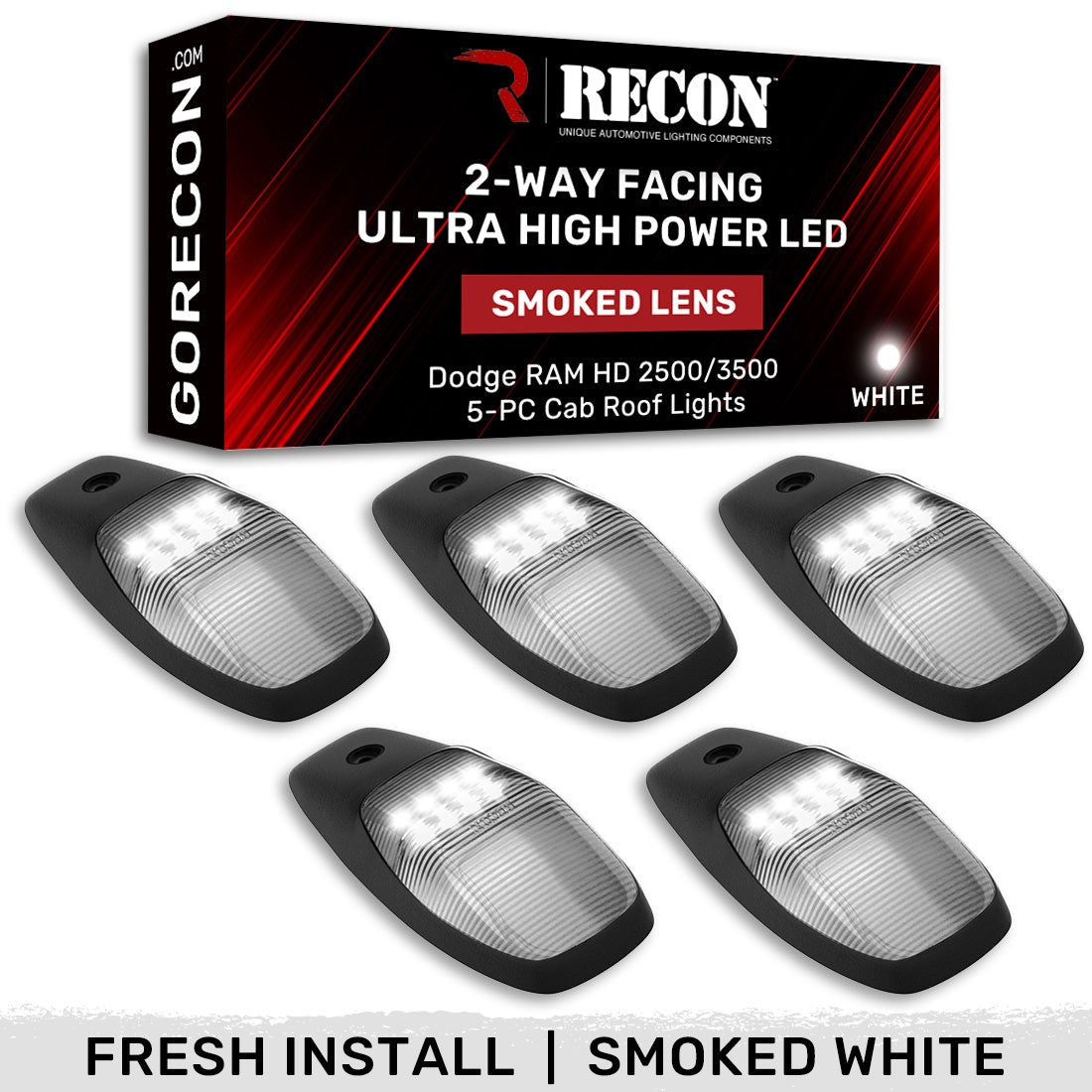 Dodge 19-23 RAM Heavy-Duty 2500 & 3500 (5-Piece Set) Smoked Cab Roof Light Lens with 2-Way Forward & Rear Facing White ULTRA High-Power LEDs - ATTN: This cab light set is for a fresh install on a truck that DID NOT come with OEM cab roof lights (No Square Hole Required - Only 2 Small Screw Holes & a 1/4