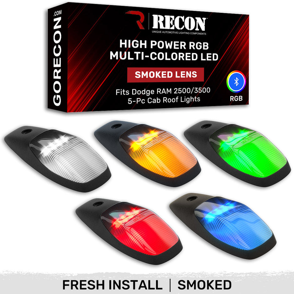 Dodge 19-23 RAM Heavy-Duty 2500 & 3500 (5-Piece Set) Smoked Cab Roof Light Lens with RGB (Multi-Colored) High-Power LED's - ATTN: Cab Lights are User Controlled by Bluetooth Using App Thru Mobile Phone / Tablet - ATTN: This cab light set is for a fresh install on a truck that DID NOT come with OEM cab roof lights (No Square Hole Required - Only 2 Small Screw Holes & a 1/4