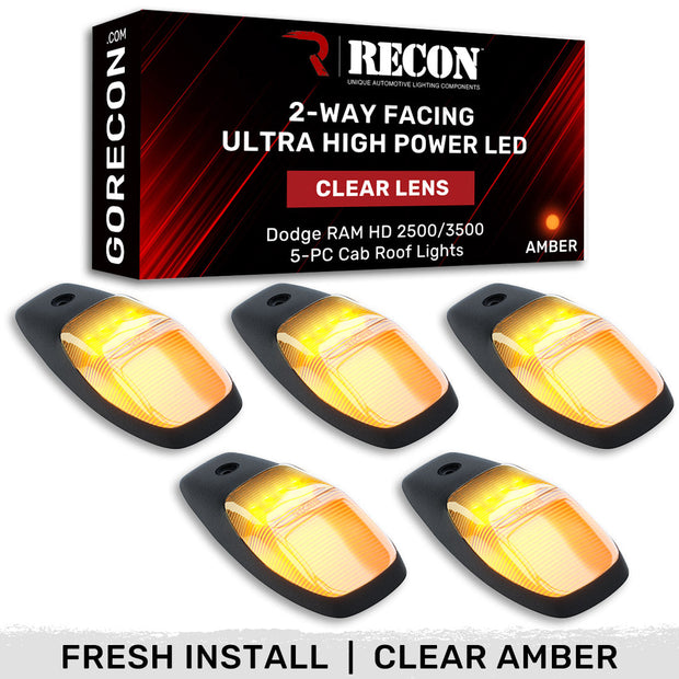 Dodge 19-23 RAM Heavy-Duty 2500 & 3500 (5-Piece Set) Clear Cab Roof Light Lens with 2-Way Forward & Rear Facing Amber ULTRA High-Power LEDs - ATTN: This cab light set is for a fresh install on a truck that DID NOT come with OEM cab roof lights (No Square Hole Required - Only 2 Small Screw Holes & a 1/4" Round Hole for Wire) - Kit Comes Complete with Screws & Wiring Harness