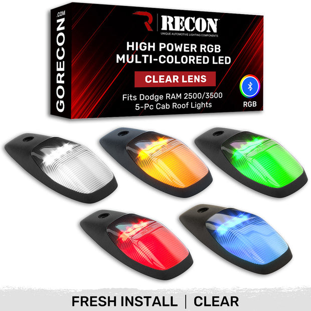 Dodge 19-23 RAM Heavy-Duty 2500 & 3500 (5-Piece Set) Clear Cab Roof Light Lens with RGB (Multi-Colored) High-Power LED's - ATTN: Cab Lights are User Controlled by Bluetooth Using App Thru Mobile Phone / Tablet - ATTN: This cab light set is for a fresh install on a truck that DID NOT come with OEM cab roof lights (No Square Hole Required - Only 2 Small Screw Holes & a 1/4" Round Hole for Wire) - Kit Comes Complete with Screws & Wiring Harness - MULTI-COLORED
