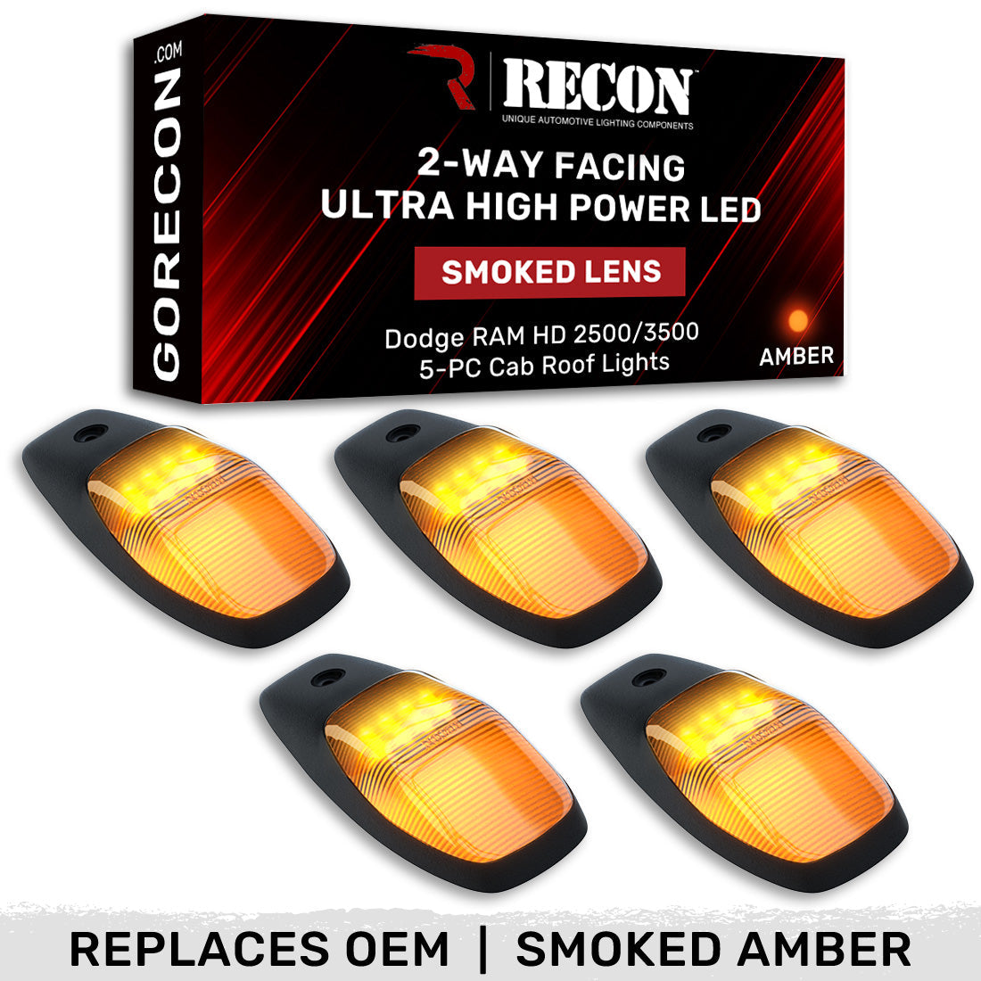 Dodge 19-23 RAM Heavy-Duty 2500 & 3500 (5-Piece Set) Smoked Cab Roof Light Lens with 2-Way Forward & Rear Facing Amber ULTRA High-Power LEDs - ATTN: (Plug-N-Play Replacement for OEM Factory Installed Cab Roof Lights)