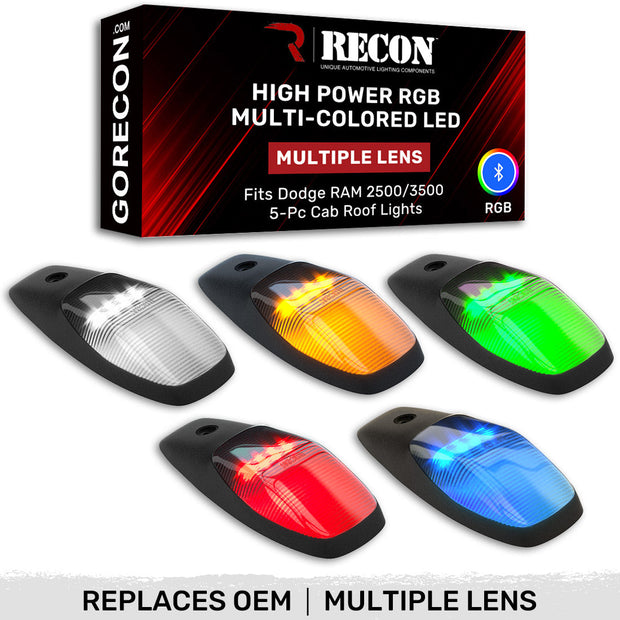 Dodge 19-23 RAM Heavy-Duty 2500 & 3500 (5-Piece Set) Smoked Cab Roof Light Lens with RGB (Multi-Colored) High-Power LED's - Complete Kit With Wiring & Hardware - ATTN: Cab Lights are User Controlled by Bluetooth Using App Thru Mobile Phone / Tablet - MULTI-COLORED