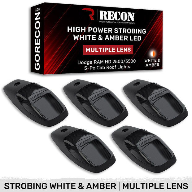 Dodge 19-23 RAM Heavy-Duty 2500 & 3500 (5-Piece Set) Smoked Cab Roof Light Kit with White & Amber Ultra High-Power Strobe LED's & White or Amber Running Light LED's - (Complete Wiring Kit & Hardware Included)
