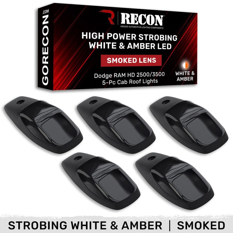 Dodge 19-23 RAM Heavy-Duty 2500 & 3500 (5-Piece Set) Smoked Cab Roof Light Kit with White & Amber Ultra High-Power Strobe LED's & White or Amber Running Light LED's - (Complete Wiring Kit & Hardware Included) - Image 3