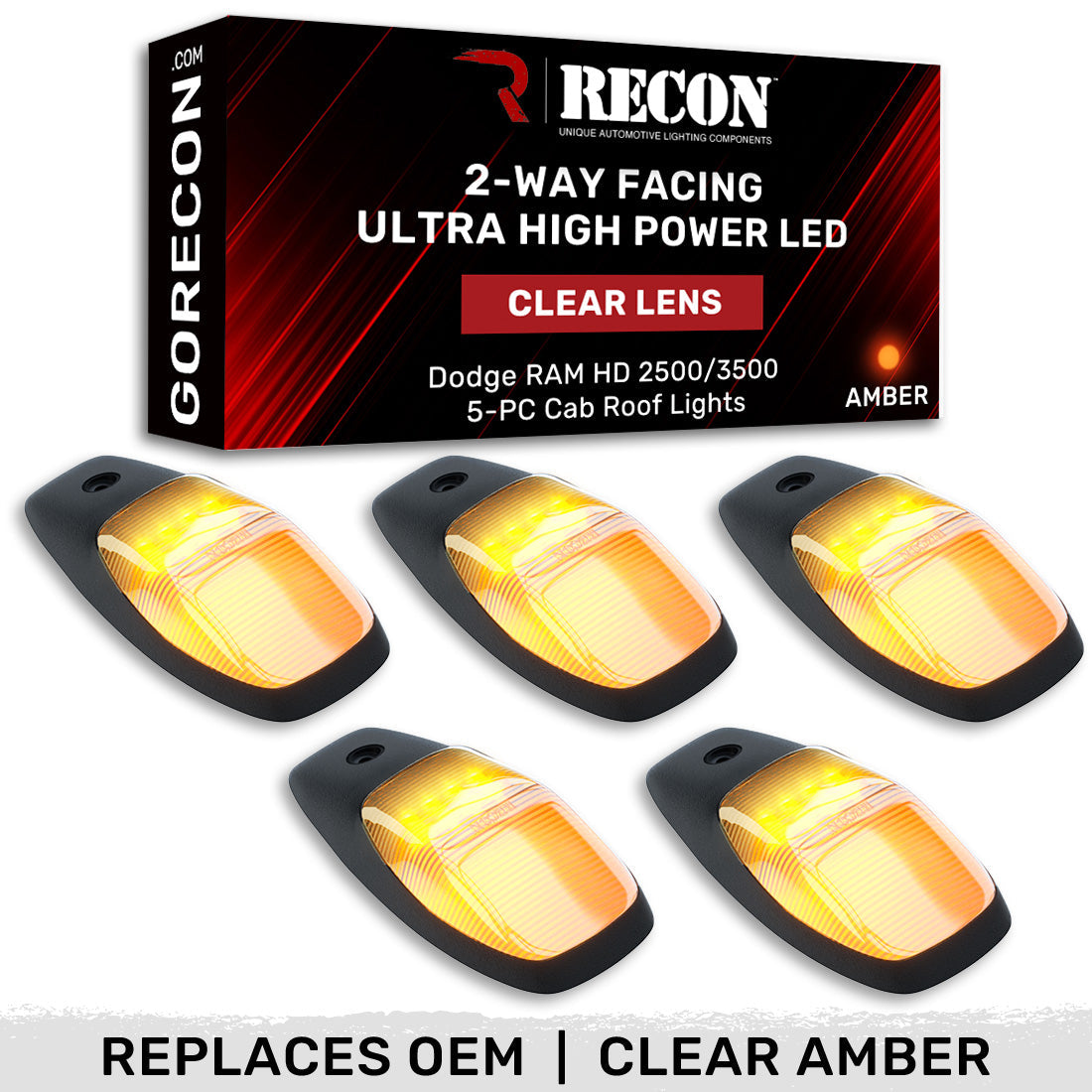 Dodge 19-23 RAM Heavy-Duty 2500 & 3500 (5-Piece Set) Clear Cab Roof Light Lens with 2-Way Forward & Rear Facing Amber ULTRA High-Power LEDs - ATTN: (Plug-N-Play Replacement for OEM Factory Installed Cab Roof Lights)