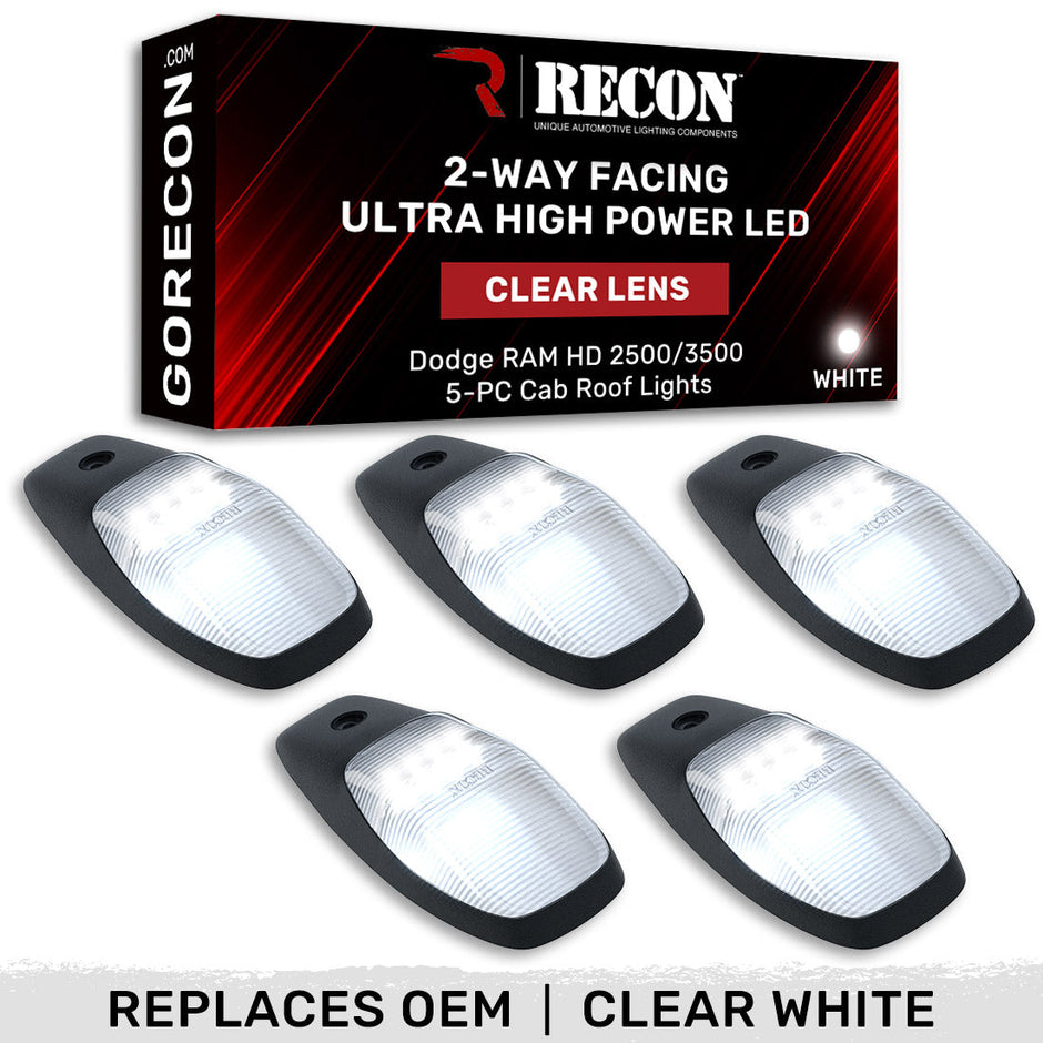 Dodge 19-23 RAM Heavy-Duty 2500 & 3500 (5-Piece Set) Clear Cab Roof Light Lens with 2-Way Forward & Rear Facing White ULTRA High-Power LEDs - ATTN: (Plug-N-Play Replacement for OEM Factory Installed Cab Roof Lights)