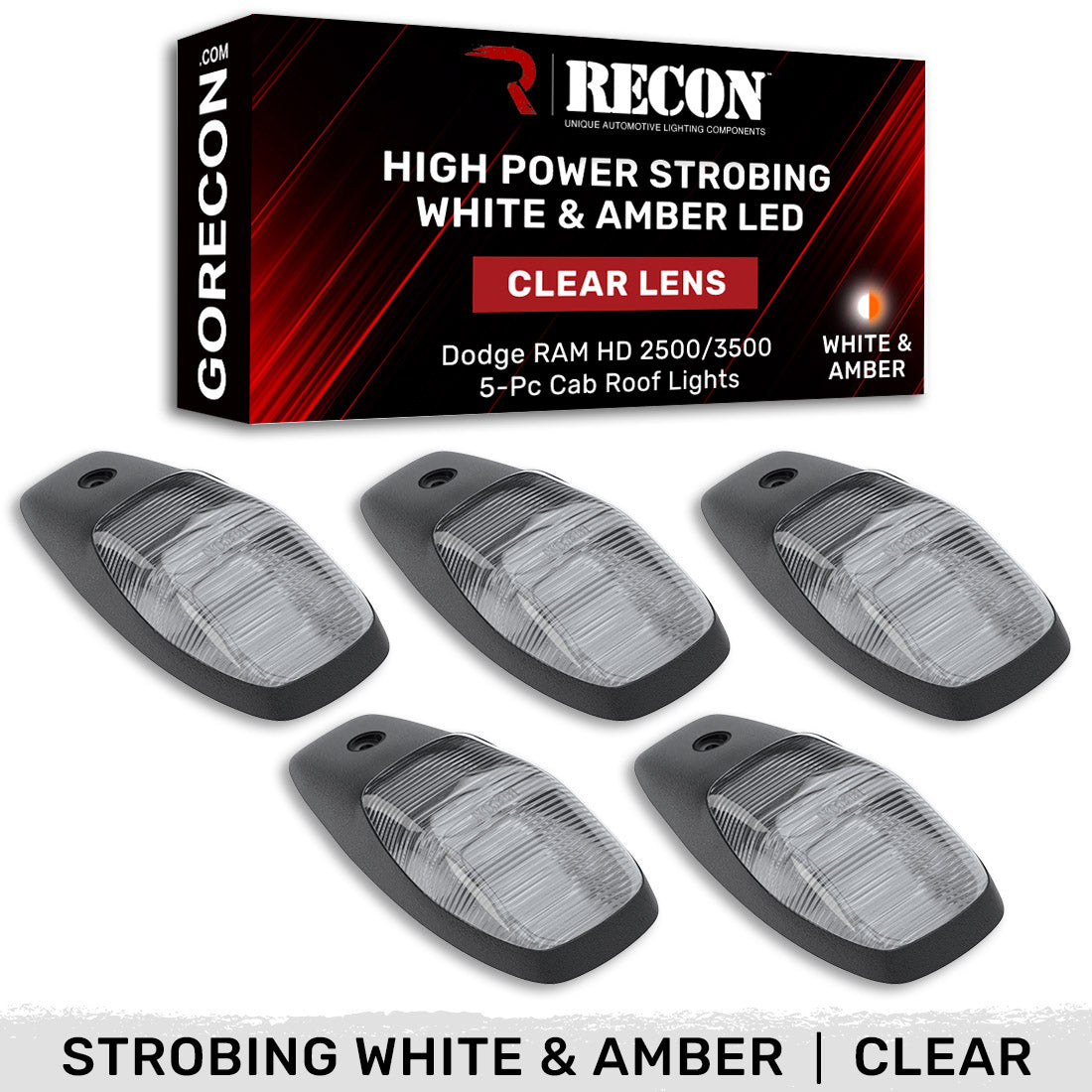 Dodge 19-23 RAM Heavy-Duty 2500 & 3500 (5-Piece Set) Clear Cab Roof Light Kit with White & Amber Ultra High-Power Strobe LED's & White or Amber Running Light LED's - (Complete Wiring Kit & Hardware Included) - Image 4