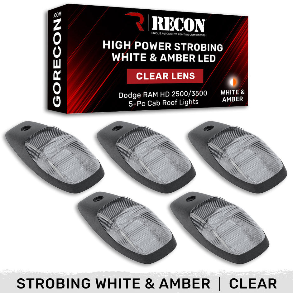 Dodge 19-23 RAM Heavy-Duty 2500 & 3500 (5-Piece Set) Clear Cab Roof Light Kit with White & Amber Ultra High-Power Strobe LED's & White or Amber Running Light LED's - (Complete Wiring Kit & Hardware Included) - Image 4