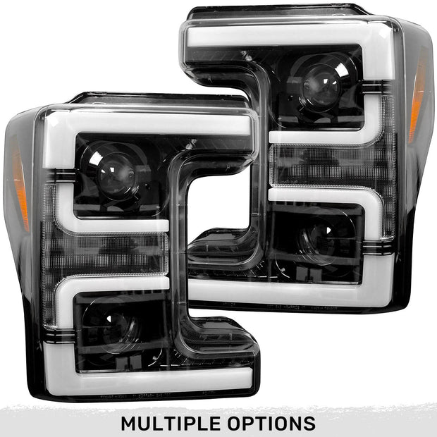 Ford Superduty 17-19 F250/F350/F450/F550 (Replaces OEM Halogen Style Head Lights Only) PROJECTOR HEADLIGHTS w/ Ultra High Power Smooth White OLED DRL & High Power Amber Switchback LED Turn Signals - Smoked / Black