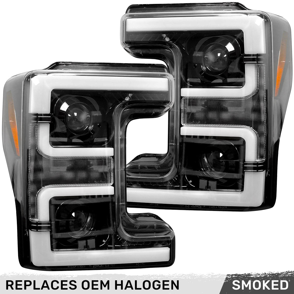 Ford Superduty 17-19 F250/F350/F450/F550 (Replaces OEM Halogen Style Head Lights Only) PROJECTOR HEADLIGHTS w/ Ultra High Power Smooth White OLED DRL & High Power Amber Switchback LED Turn Signals - Smoked / Black - Image 3