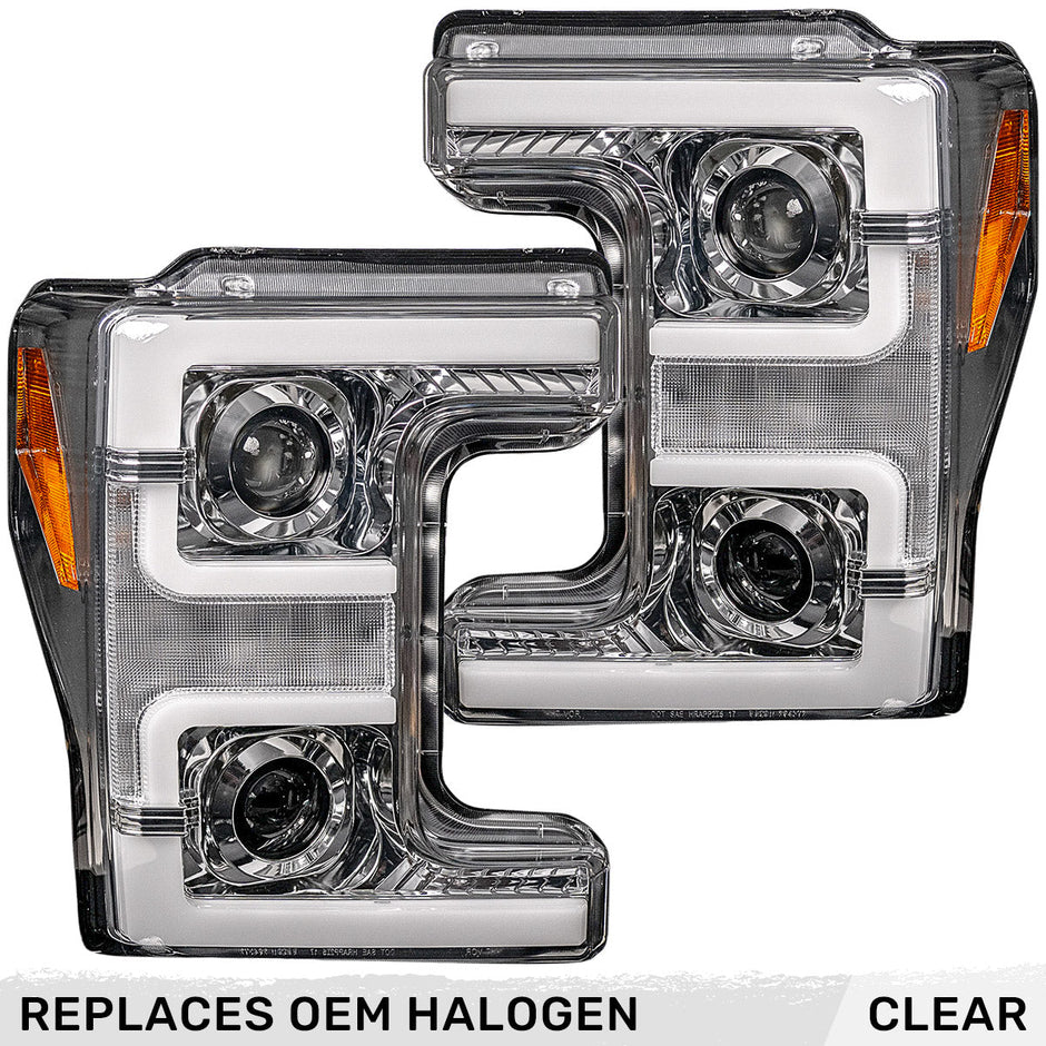 Ford Superduty 17-19 F250/F350/F450/F550 (Replaces OEM Halogen Style Head Lights Only) PROJECTOR HEADLIGHTS w/ Ultra High Power Smooth White OLED DRL & High Power Amber Switchback LED Turn Signals - Clear / Chrome - Image 2