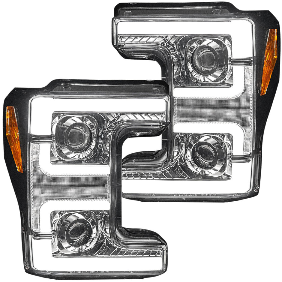 Ford Superduty 17-19 F250/F350/F450/F550 (Replaces OEM Halogen Style Head Lights Only) PROJECTOR HEADLIGHTS w/ Ultra High Power Smooth White OLED DRL & High Power Amber Switchback LED Turn Signals - Clear / Chrome